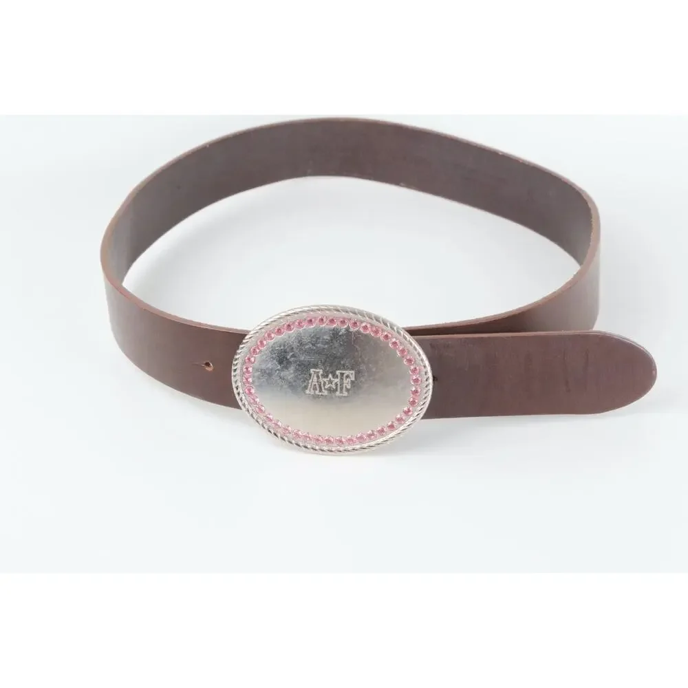 Abercrombie & Fitch Y2K Vintage Brown Leather Belt Pink Rhinestone Oval Buckle S